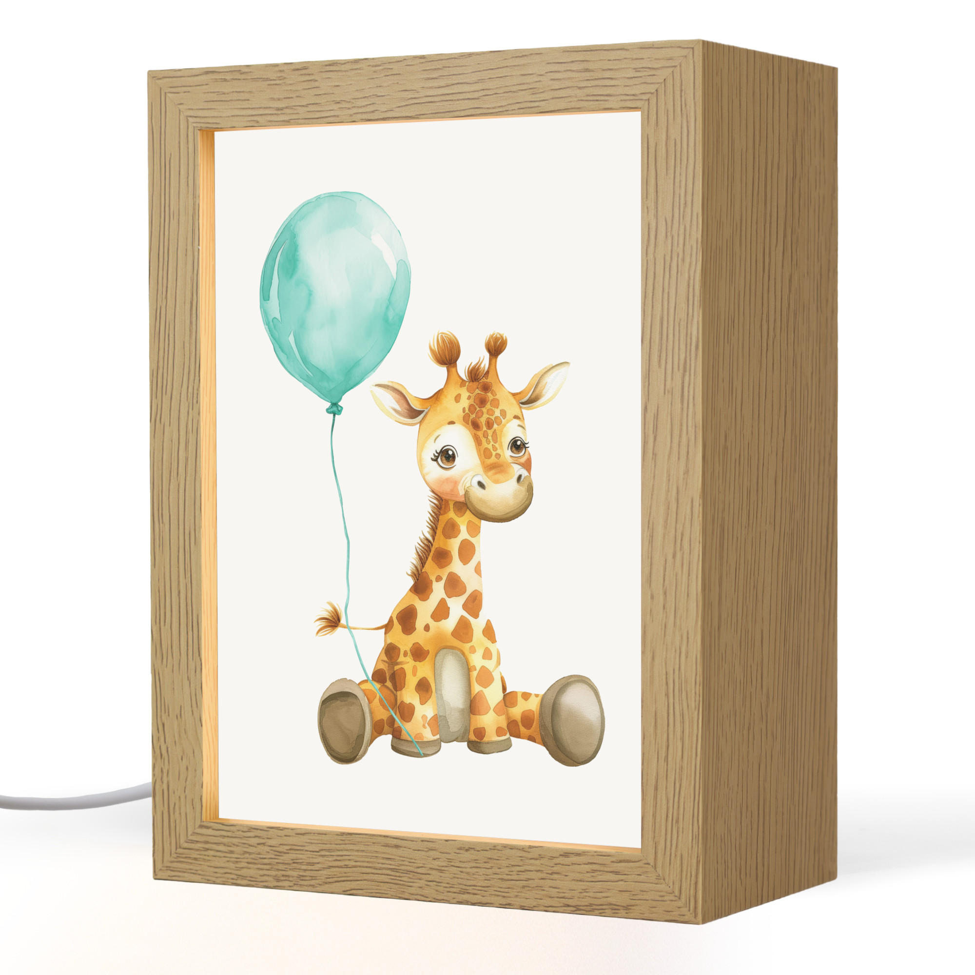 NACHTTISCHLAMPE Giraffe - Baby - Tiere - Blauer Ballon 15x20 cm - Weiß, Holzwerkstoff (8/15/20cm)