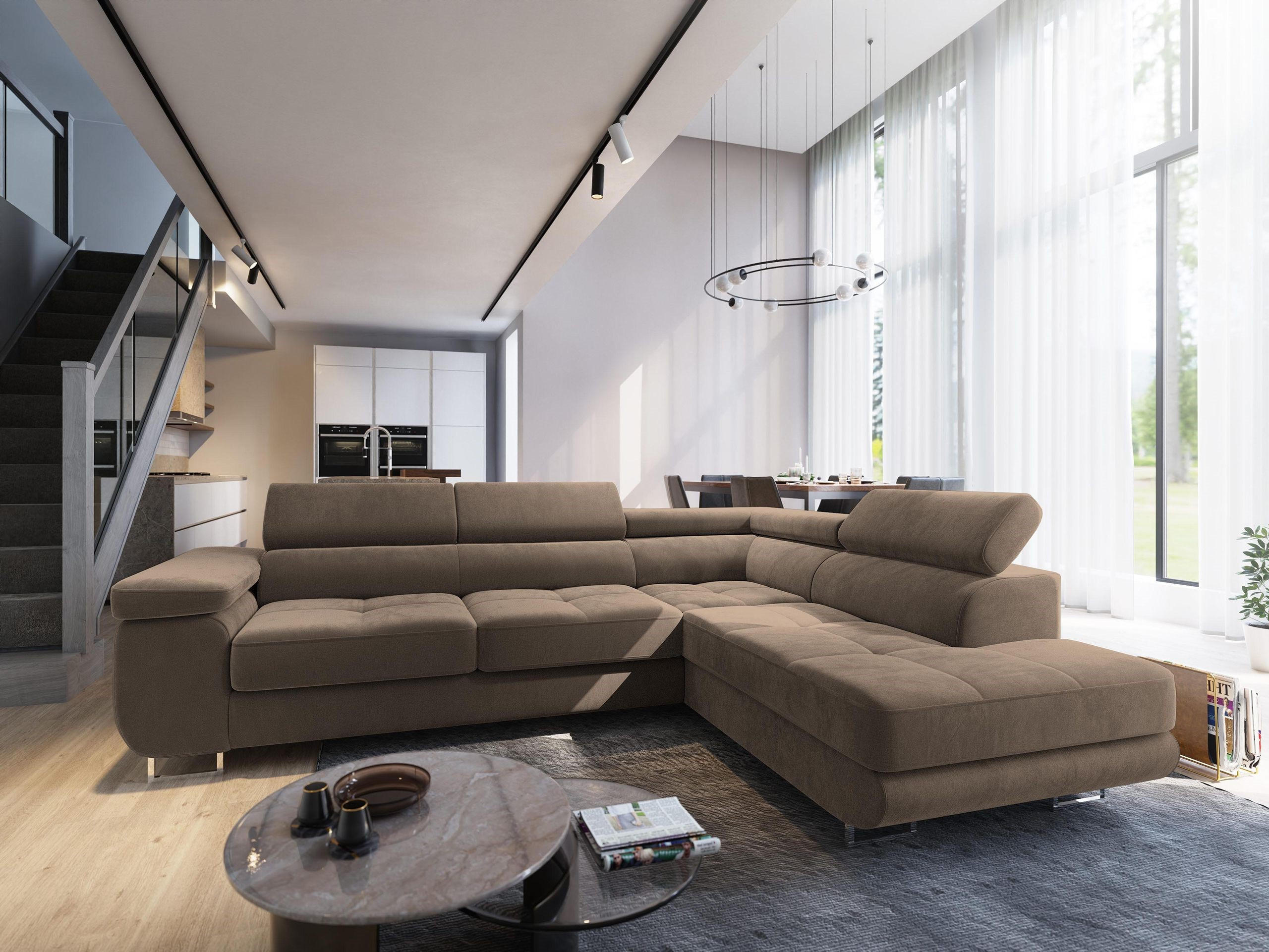 ECKSOFA SELVA R-S Beige Velours-Stoff mit Schlaffunktion - Beige, Holz (275/202cm) - MASSENO