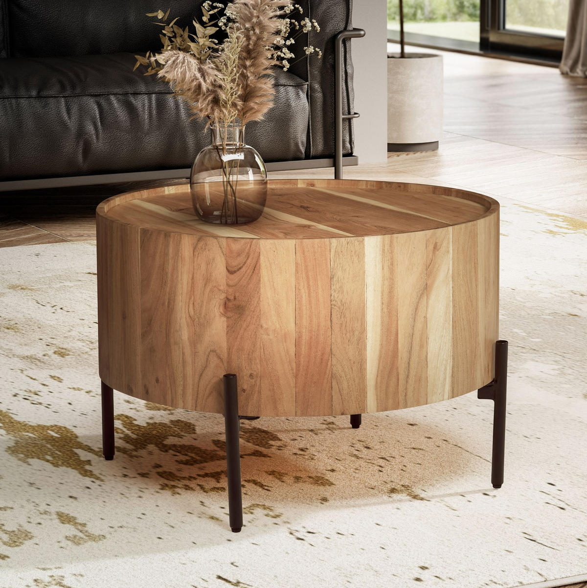 COUCHTISCH Akazie Massivholz Rund 60x60x41cm Metallgestell Braun/Schwarz - Schwarz/Akaziefarben, Holz/Metall (60/60/41cm) - KADIMA DESIGN