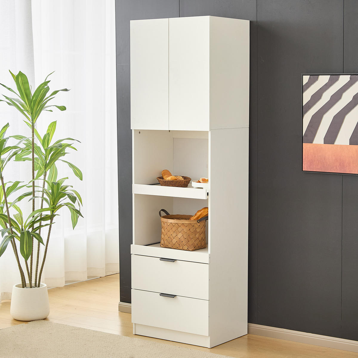 KUCHYŇSKÁ SKŘÍŇ bílá se zásuvkami a dvířky do jídelny a kuchyně, 59,5×45×200 cm - bílá, kompozitní dřevo (59.5/200/45cm) - STILVORA
