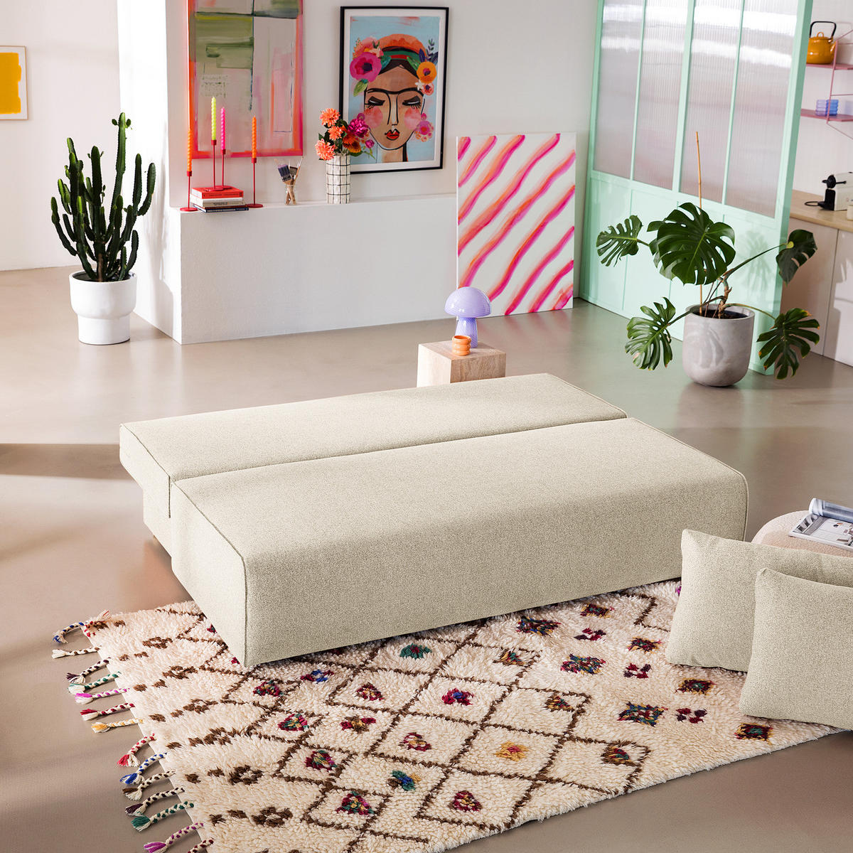 SCHLAFSOFA - Webstoff - Beige/Braun, Holz/Textil (200/86/102cm) - home24