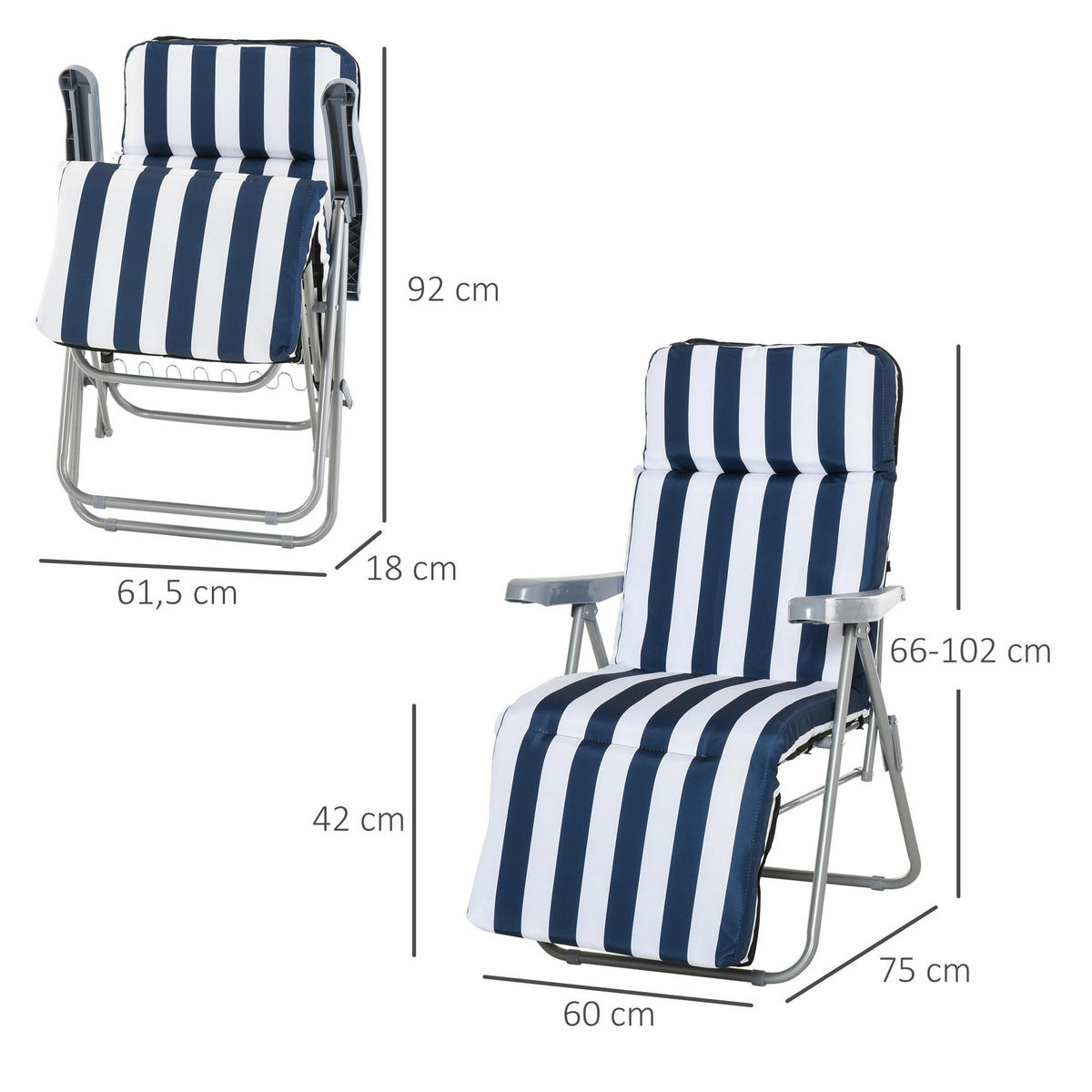 2 x Klappstühle Gartenstuhl Sonnenliege Armlehne klappbar 5 Positionen Auflage Blau 60 x 75 x 102 cm - Blau, Metall (60/102/75cm)