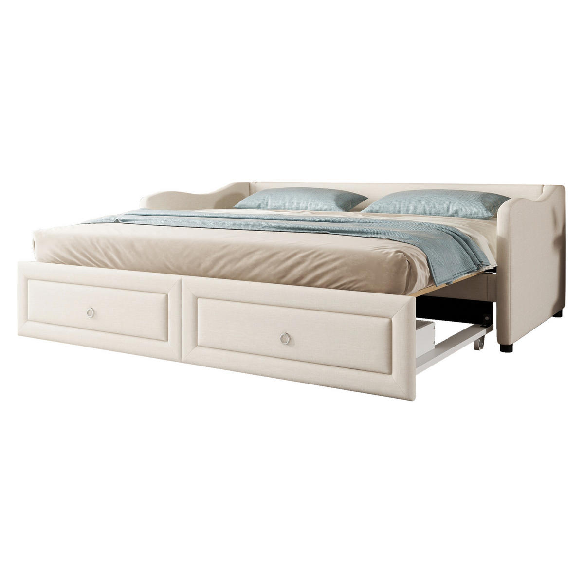 POLSTERBETT aus Leinen 90x200 cm in Beige mit Ausziehbett & 2 Schubladen - Beige, Textil (90/200cm) - Modfu