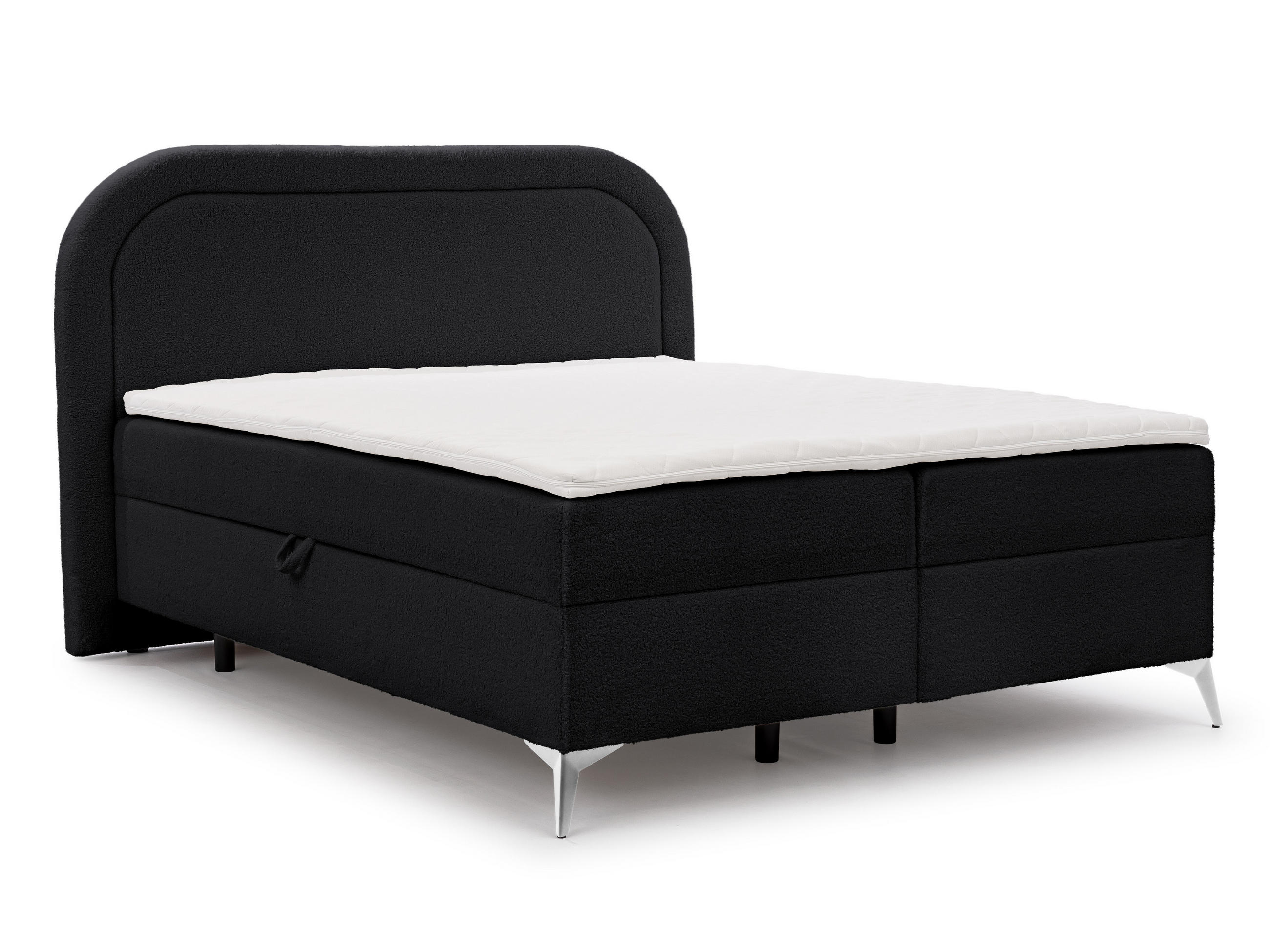 BOXBETT Sonna 160/200 cm Schwarz Bouclé-Stoff mit abgerundetem Kopfteil und mit silbernen Metallfüßen - Silberfarben/Schwarz, Holz/Textil (160/200cm) - S-Style Möbel