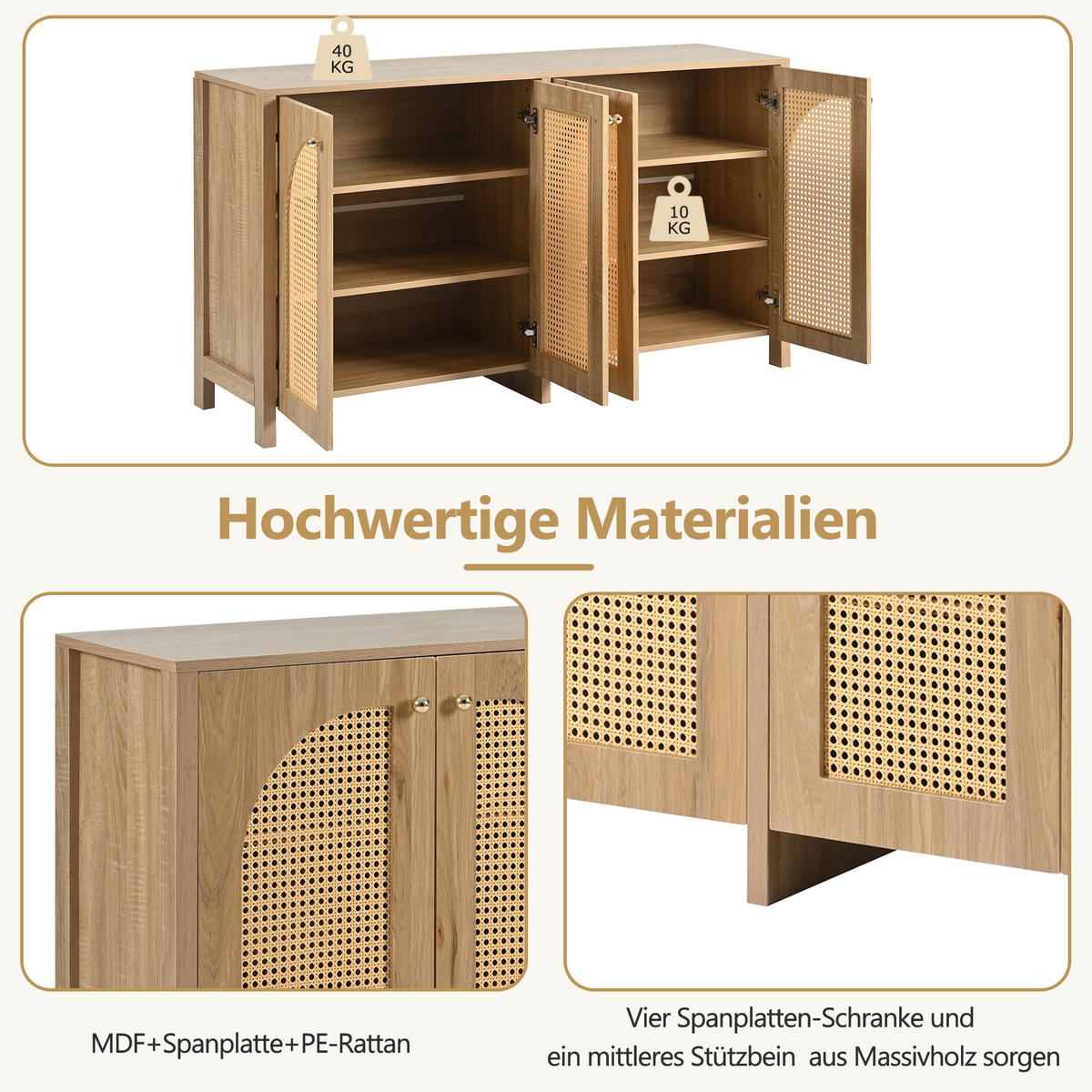 SIDEBOARD 145 cm in Natur Rattan-Optik & 4 Türen im Boho-Stil - Naturfarben, Holzwerkstoff (145/40/80cm) - Urban Meuble