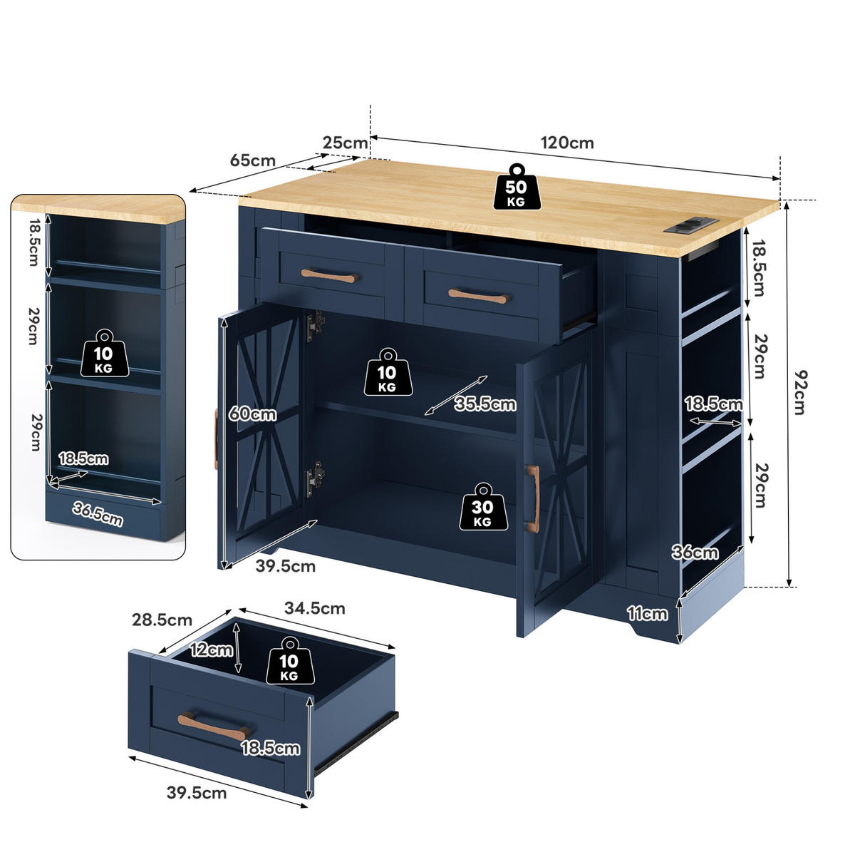 KÜCHENINSEL mit Klapptisch 120 cm Blau MDF - Blau, Holz (65/92/120cm) - Beauniv