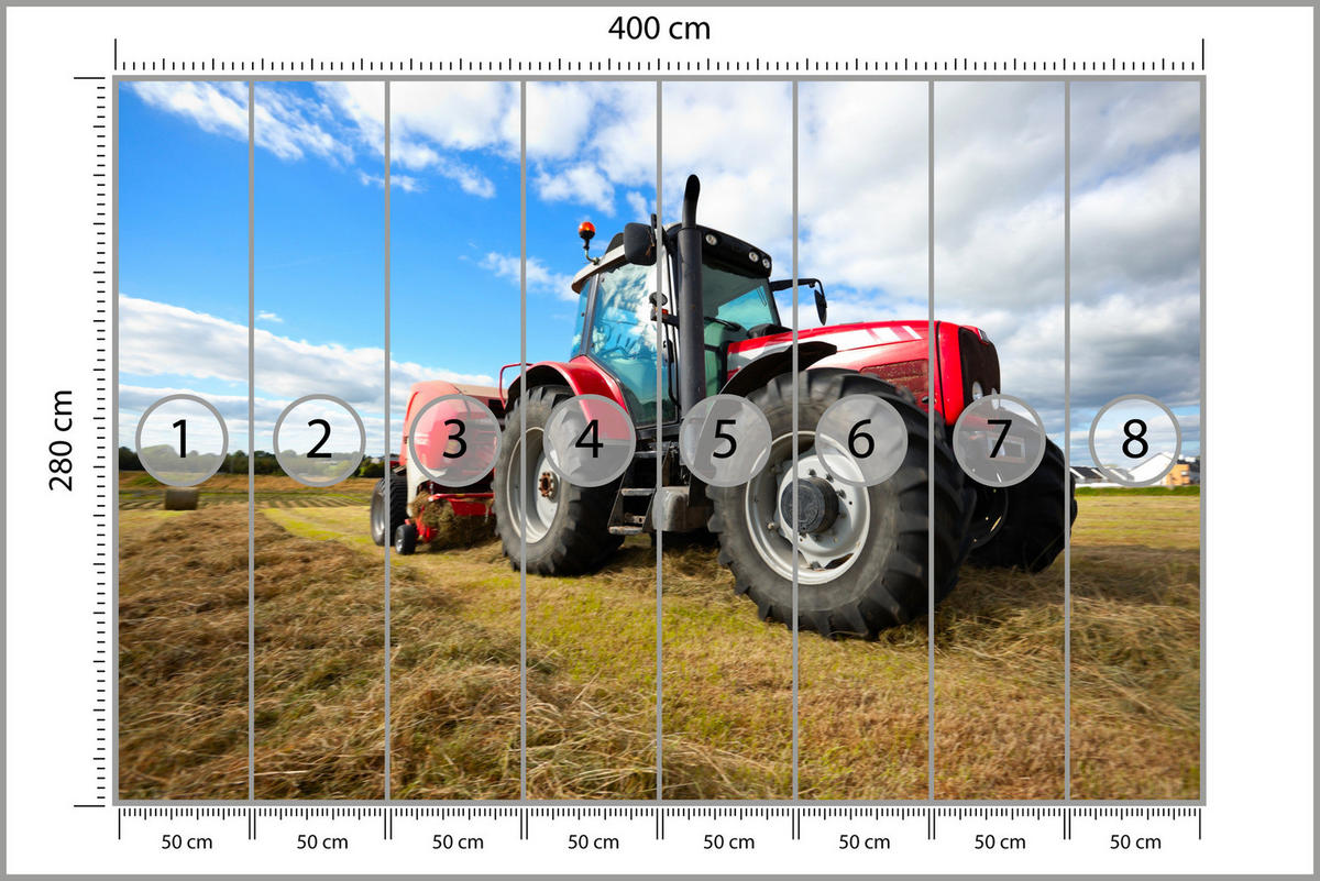 FOTOTAPETE Roter Traktor Feld Ernte Landwirtschaft Rustikal 400x280 - Gelb/Rot, Papier (400/280cm) - Muralo