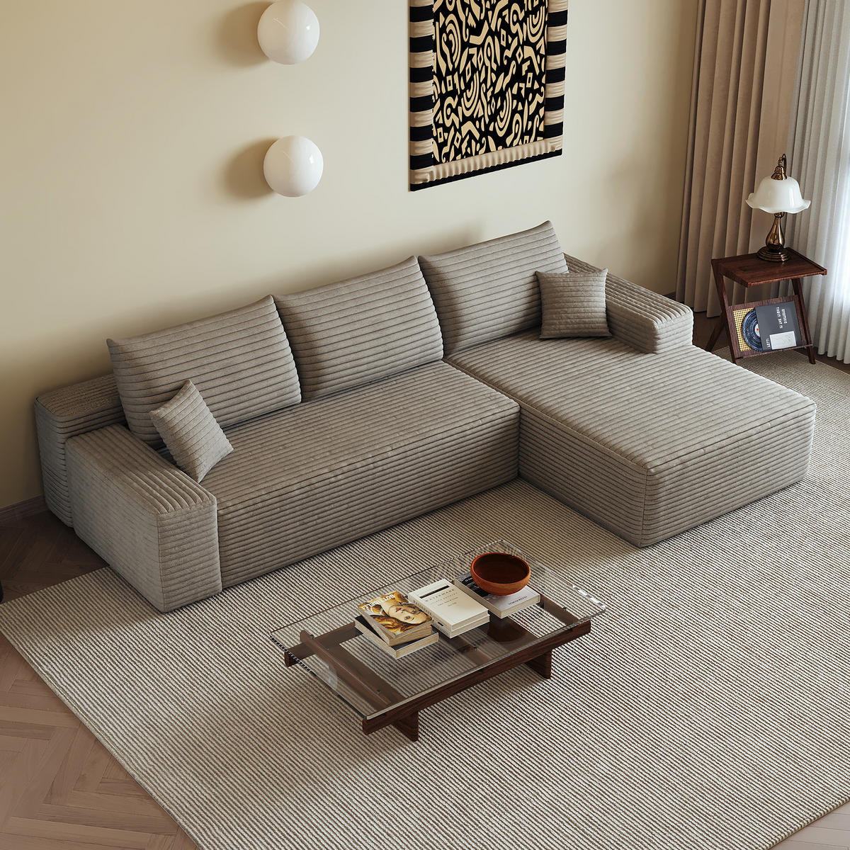 ECKSOFA 270/175/83 cm Kamel Cord mit Chaiselongue, Rechte Seite - Klar/Cappuccino, Textil (270/175cm) - Oxeza