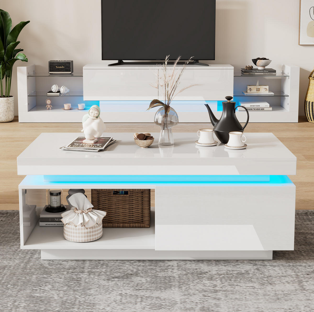 LOWBOARD 181/38/38 cm und 100/50/40.3 cm Weiß aus Spanplatte mit LED-Beleuchtung - Weiß, Holzwerkstoff (50/40/100cm) - OKMYHOME