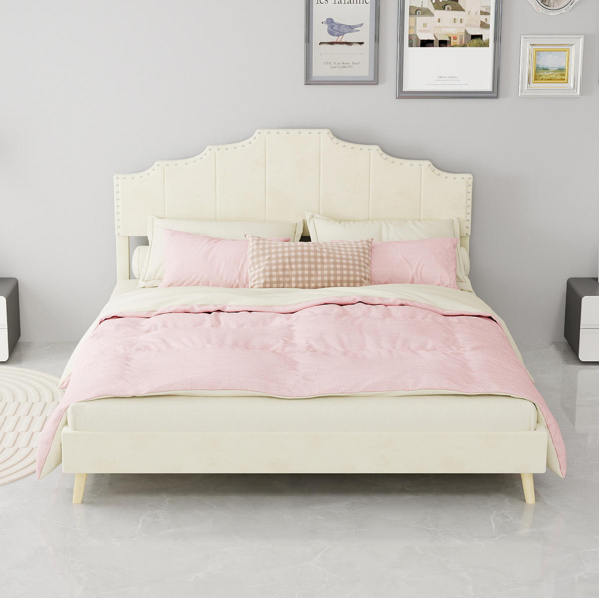 POLSTERBETT 160/200 cm mit geometrischem Kopfteil und Lattenrost, Beige - Beige, Textil (160/200cm) - Redom