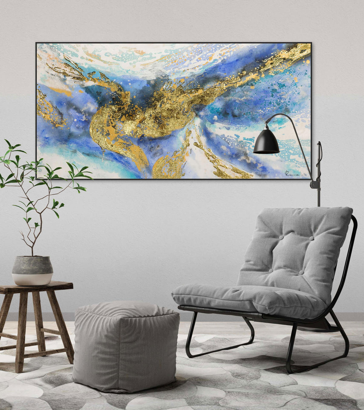 ACRYLBILD HANDGEMALT 120/60 cm - Blau/Goldfarben, Holz/Textil (1.68/60cm) - KUNSTLOFT