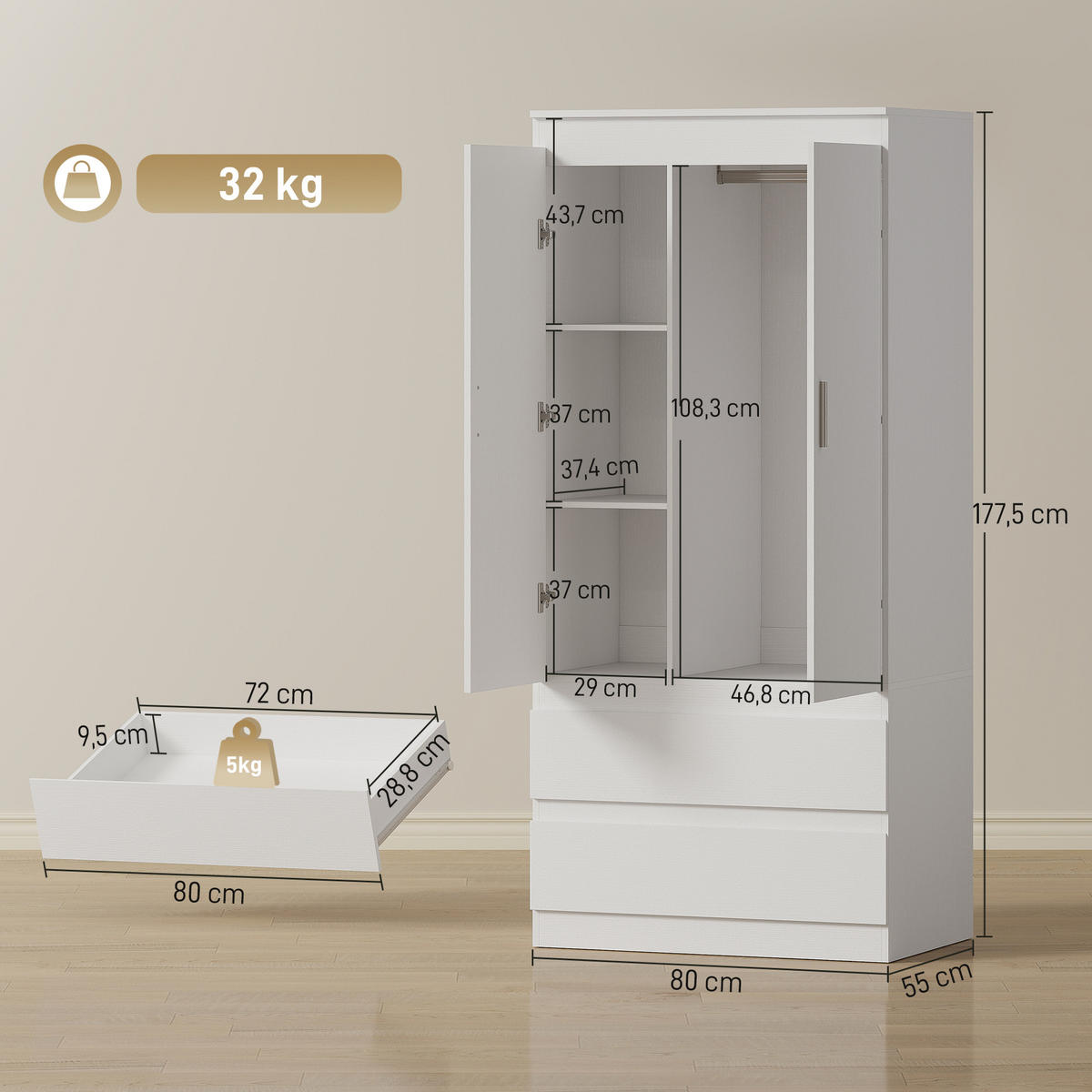 KLEIDERSCHRANK mit 2 Soft-Close-Türen Garderobenschrank mit 2 Schubladen Weiß - Weiß, Holzwerkstoff (55/177.5/80cm) - HOMCOM