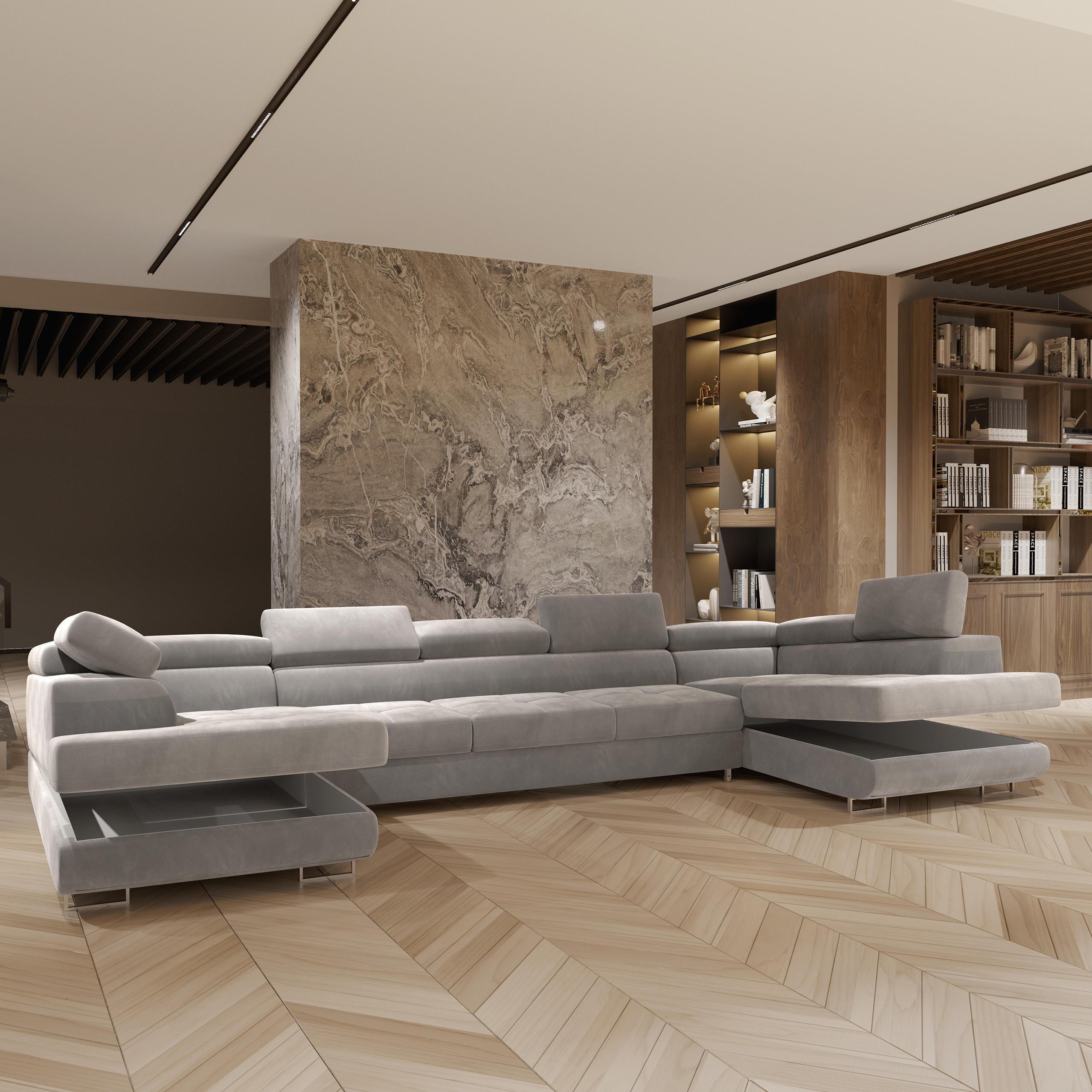 WOHNLANDSCHAFT ISOLANO Hellgrau Velours-Stoff mit Schlaffunktion - Hellgrau, Holz (408/90/202cm) - MASSENO