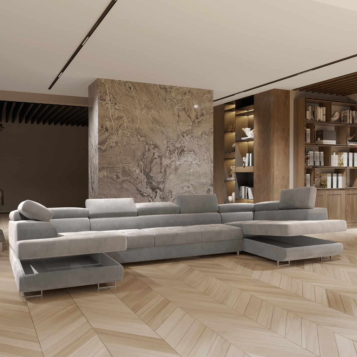 WOHNLANDSCHAFT ISOLANO Hellgrau Velours-Stoff mit Schlaffunktion - Hellgrau, Holz (408/90/202cm) - MASSENO