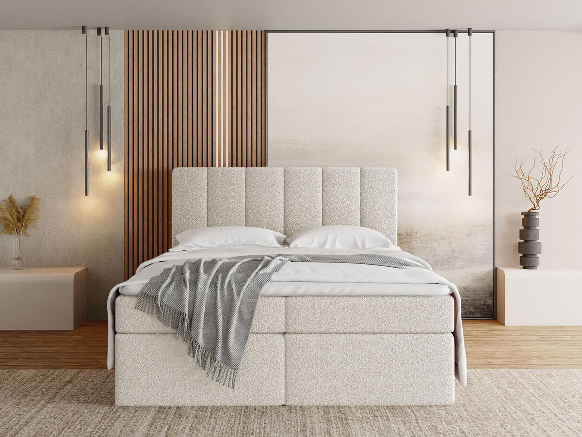 BOXBETT Amira mit Bettkasten, Creme Boucle 180x200 cm - inkl. H3 Matratze und H2 Visco Topper - Schwarz/Weiß, Holzwerkstoff/Kunststoff (180/200cm) - WFL GROUP