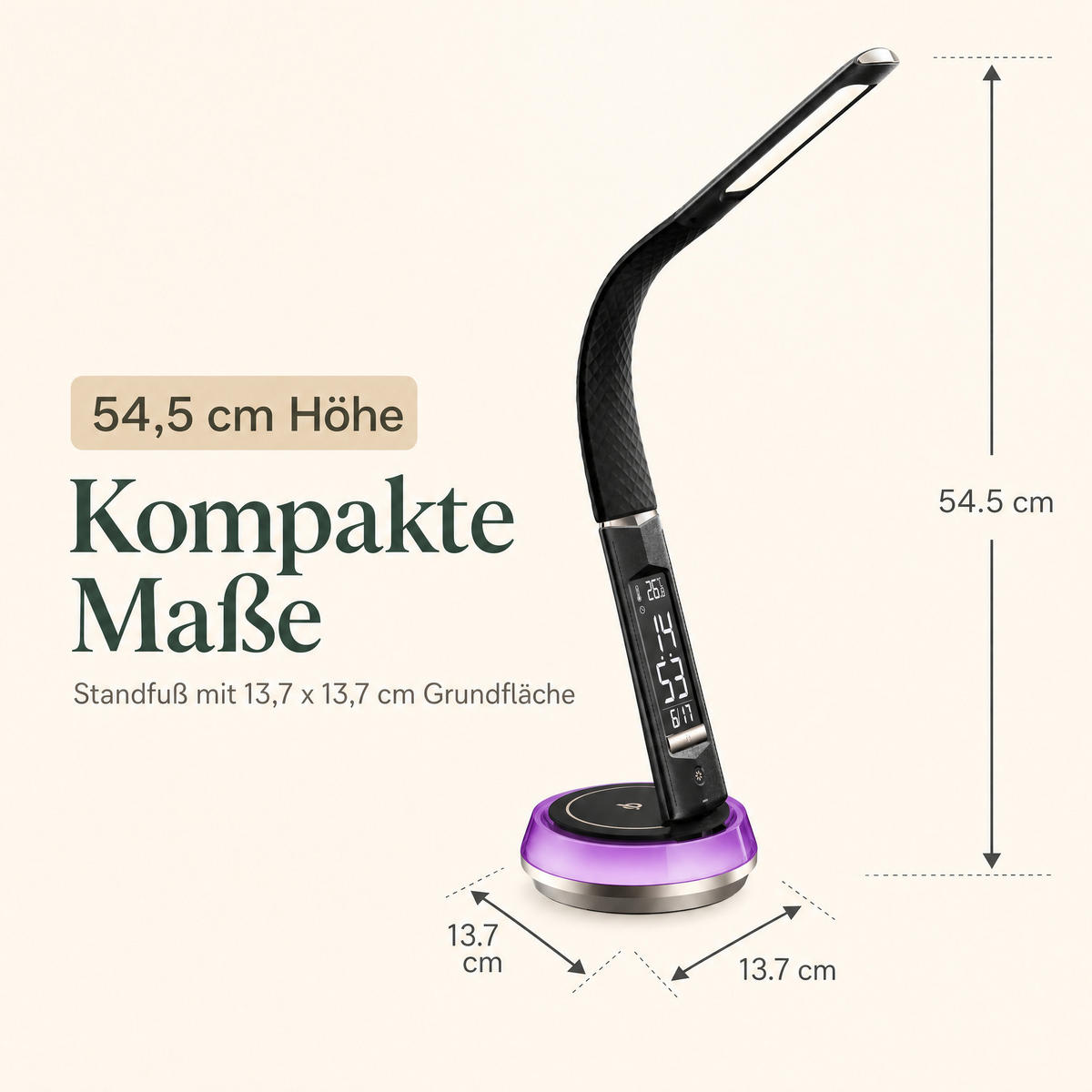LED-SCHREIBTISCHLAMPE - mit QI-Ladestation, Touch-Dimmer und integrierter Uhr für angenehme Beleuchtung, Schwarz - Schwarz, Kunststoff (13.7/13.7/54.5cm) - Northpoint