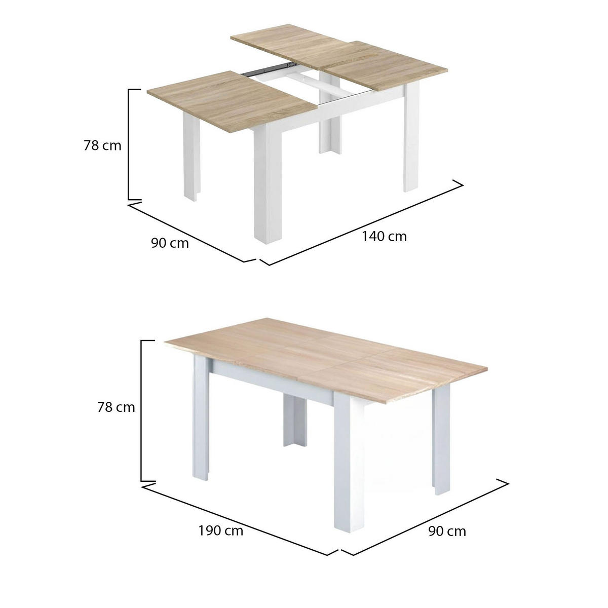 TISCH Ausziehbar Holzeffekt Eiche, Weiß 90/190/78 cm - Eichefarben, Holzwerkstoff (90/190/78cm) - DMORA