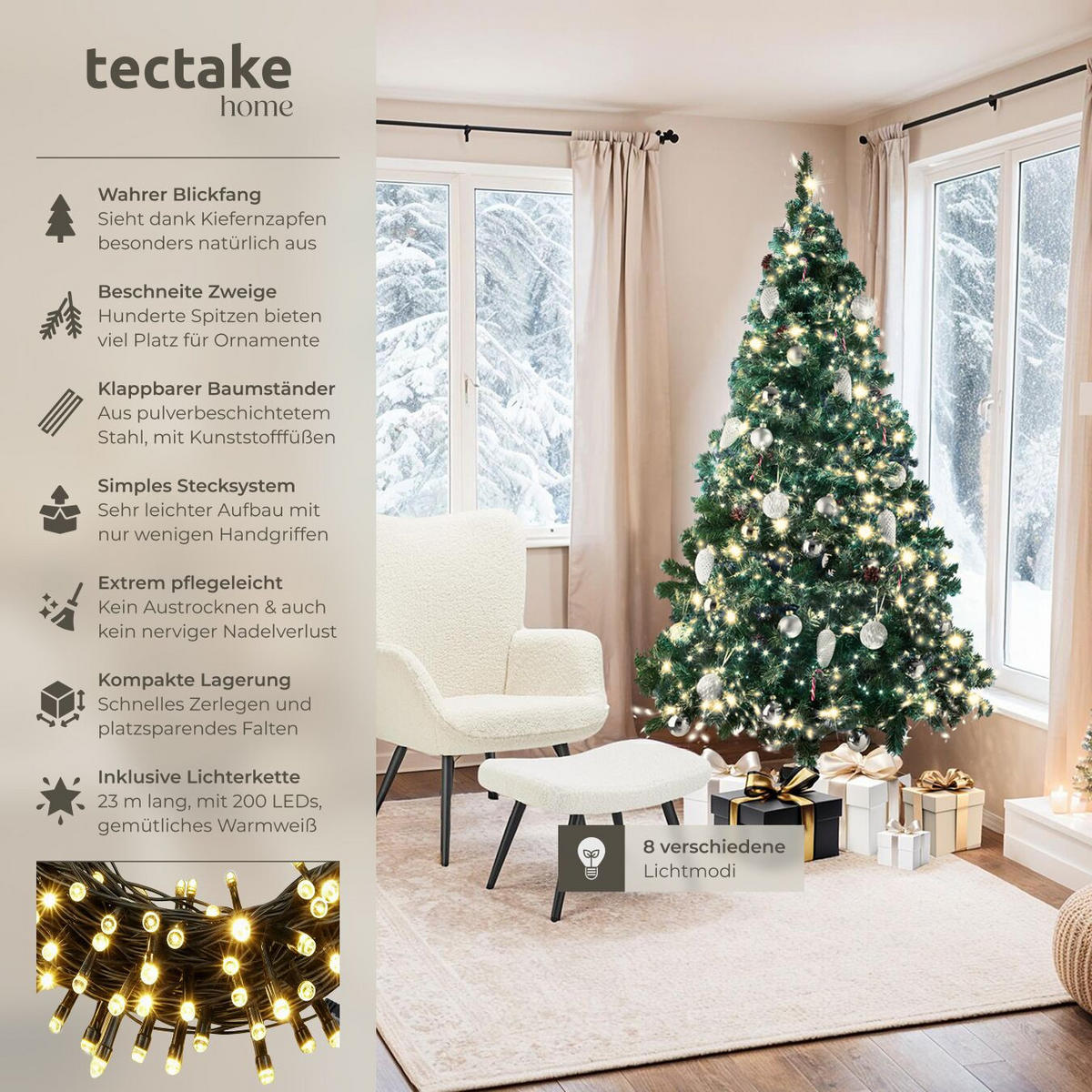 SET WEIHNACHTSBAUM MIT LICHTERKETTE ,inklusive Metallständer mit Kunststoffkappen,grün - Grün, Kunststoff (180cm) - tectake