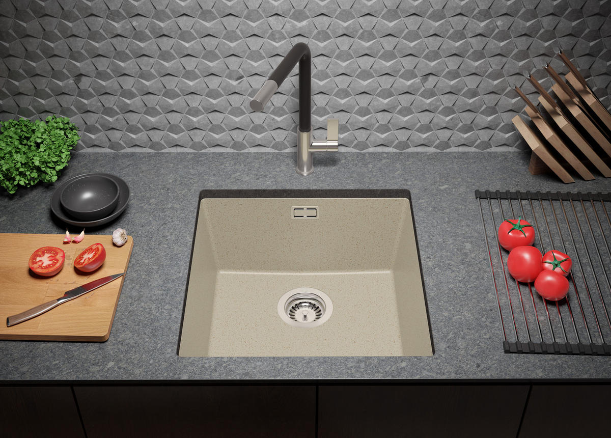 UNTERBAUSPÜLE GRANIT London, 2-er set Beige 46/47 cm 1 Becken + Ablauf-Set ab 50er Unterschrank - Chromfarben/Beige, Kunststoff (46/20/47cm) - Primagran