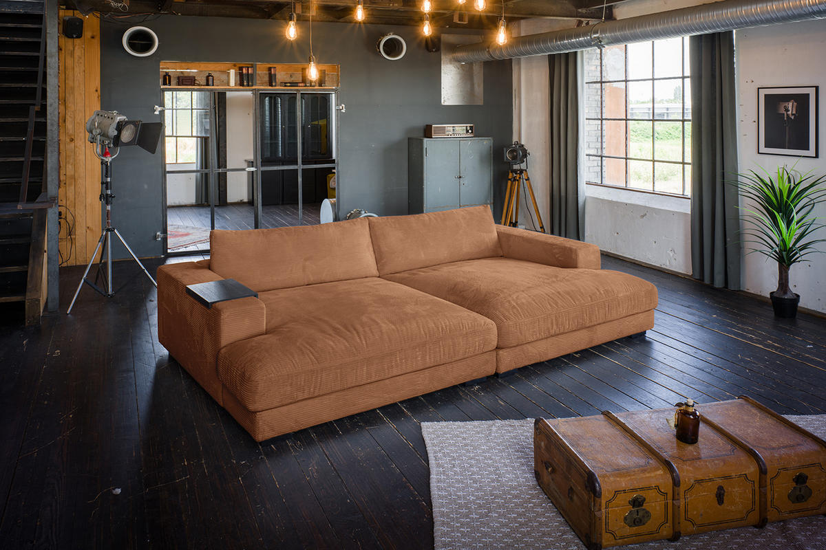 BIG SOFA XL MIT TABLETT SCHWARZ MADELINE Braun Cord - Dunkelbraun/Schwarz, Kunststoff/Textil (290/85/190cm) - KAWOLA