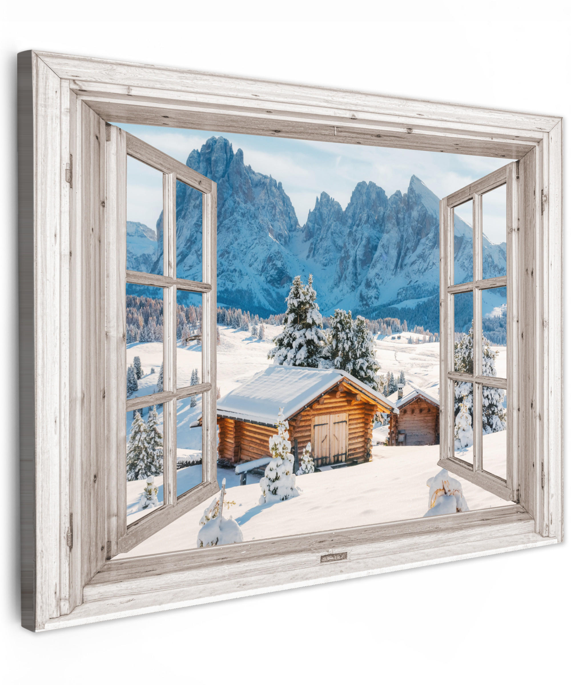 LEINWANDBILD Winterlandschaft - Hütte - Berge - Ausblicke - Aussicht - Natur 40x30 cm - Weiß Hochglanz, Textil (40/30cm) - MuchoWow