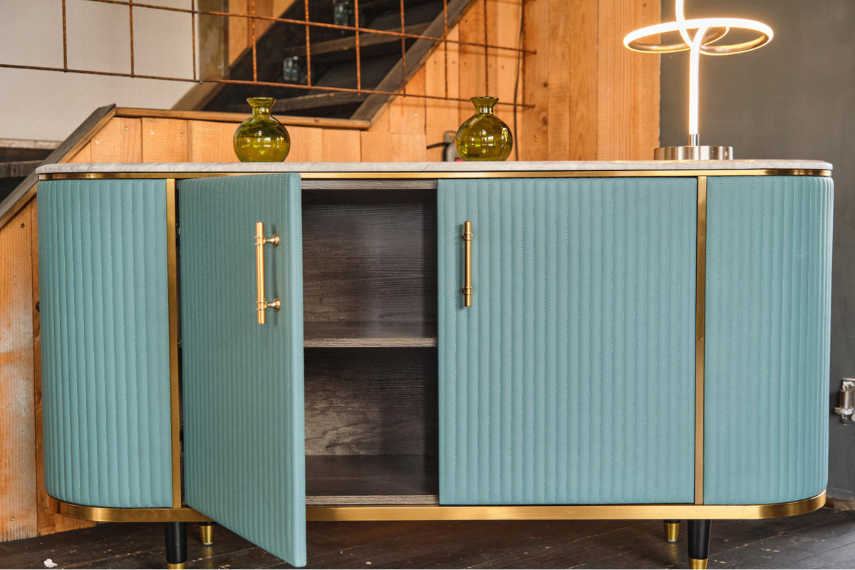 SIDEBOARD MARIA Hellblau Kunstleder - Schwarz/Hellblau, Stein/Metall (150/76/40cm) - KAWOLA