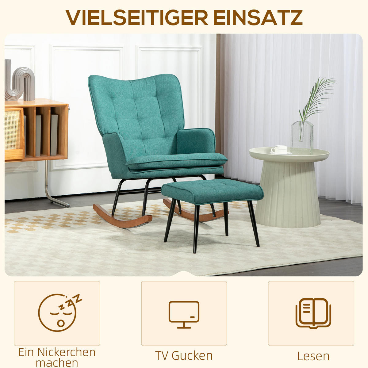 SCHAUKELSTUHL Schwingsessel mit Hocker Armlehnsessel mit Leinenoptik - Dunkelgrün/Schwarz, Holz/Textil (89/90/64cm) - HOMCOM