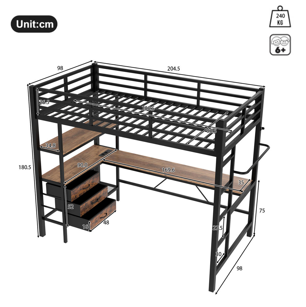 HOCHBETT 90/200 cm aus Metall/MDF mit Schreibtisch und LED-Beleuchtung Schwarz - Schwarz, Metall (90/200cm) - Modenvie