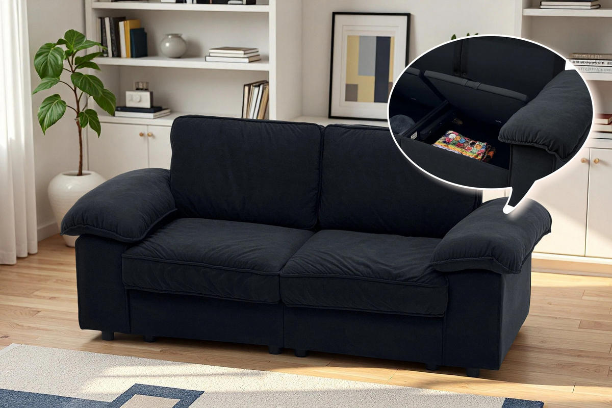 2-SITZER Sofa mit Stauraum Stoffbezug und Holzrahmen 201/91/89 cm Schwarz - Schwarz, Textil (91/89/201cm) - Redom