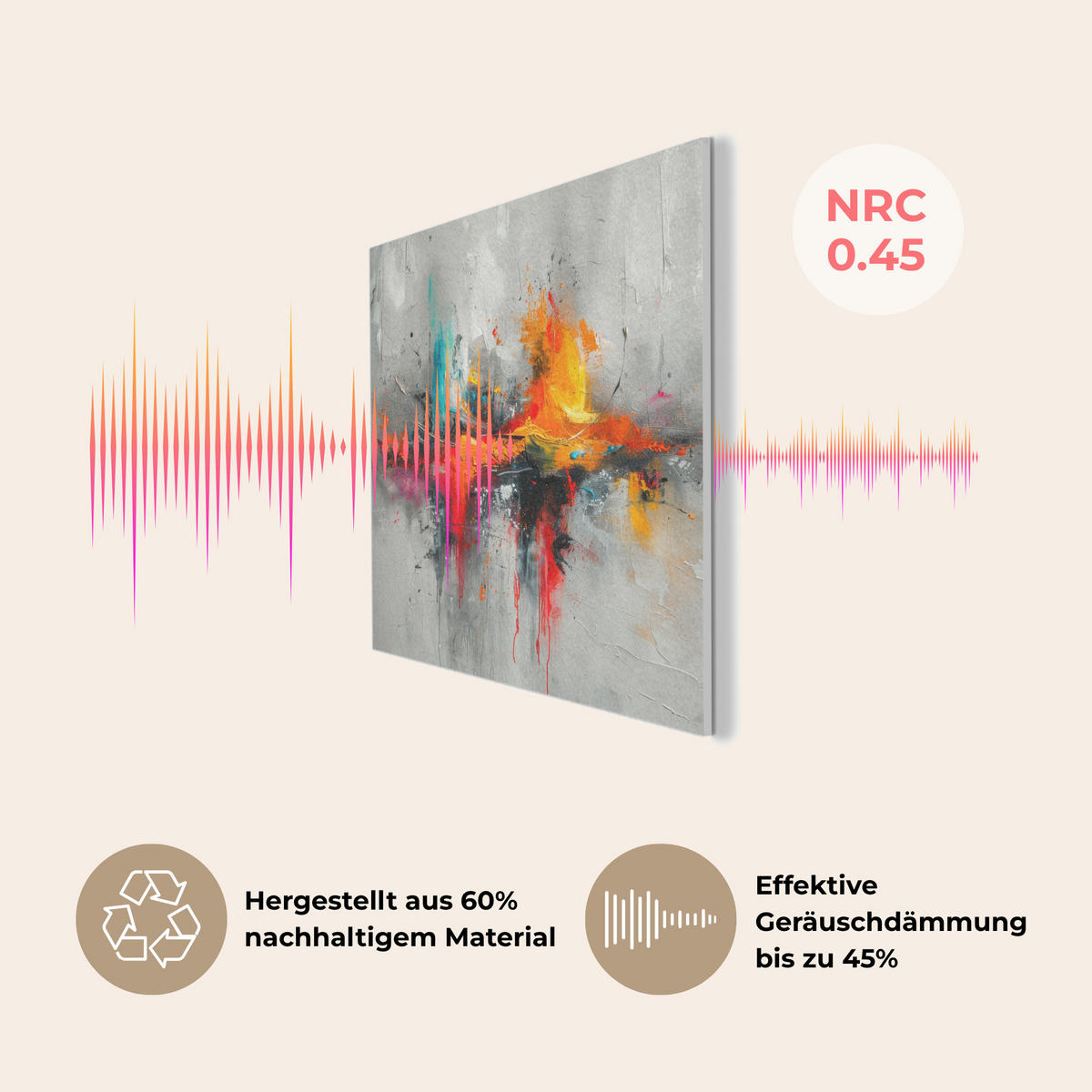 AKUSTIKPANEEL Moderne Kunst - Orange - Grau - Abstrakt 100x70 cm - Hellgrau, Textil (100/0.9/70cm) - MuchoWow