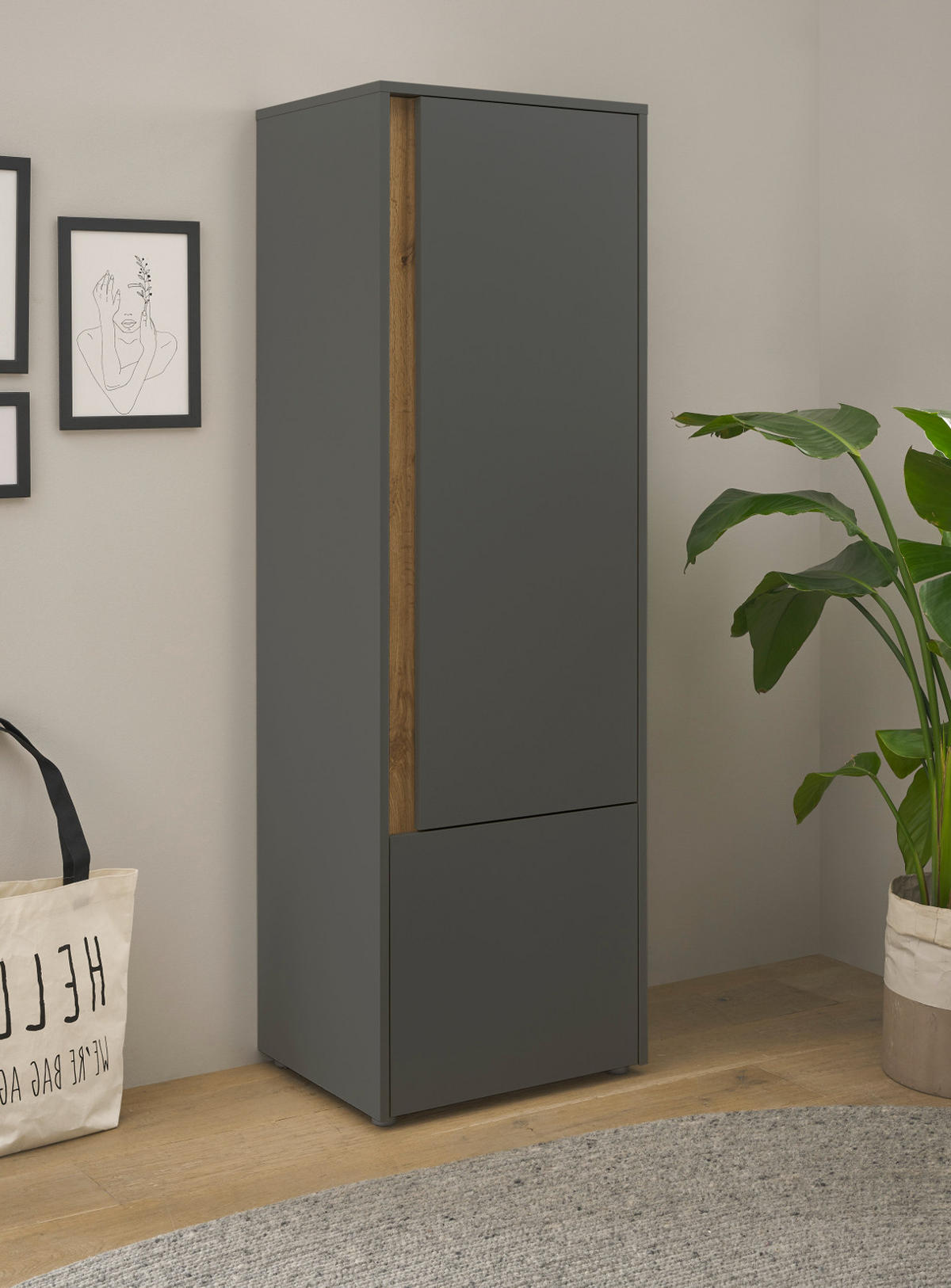 AKTENSCHRANK Grau matt, Eiche Wotan 50 x 158 cm, Stauraumschrank mit 4 Ordnerhöhen - Eichefarben/Schwarz, Holzwerkstoff/Kunststoff (50/158/40cm) - Furn.Design