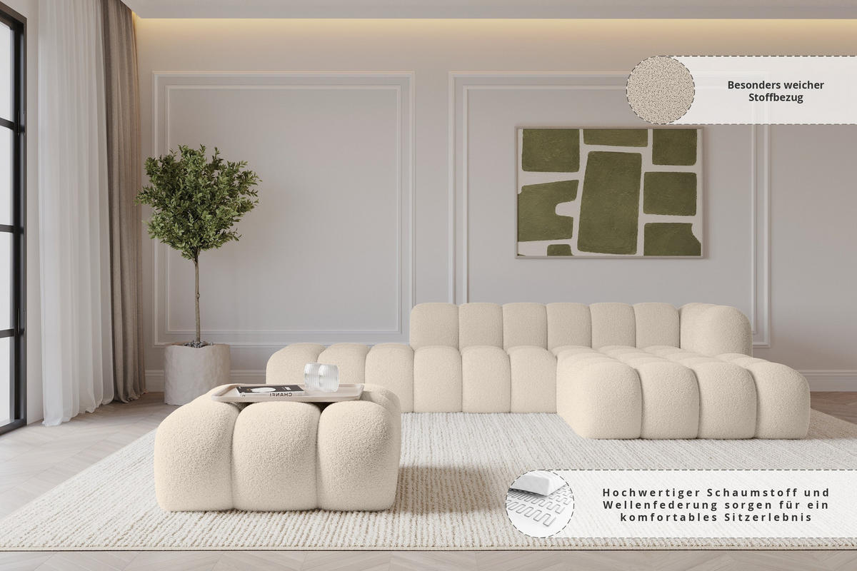 POUF OLEA-PUF 91x87x44 cm Dunkelbeige Bouclé Modular Sitzhocker - Schwarz/Cappuccino, Holzwerkstoff/Kunststoff (91/44/87cm) - ALTDECOR