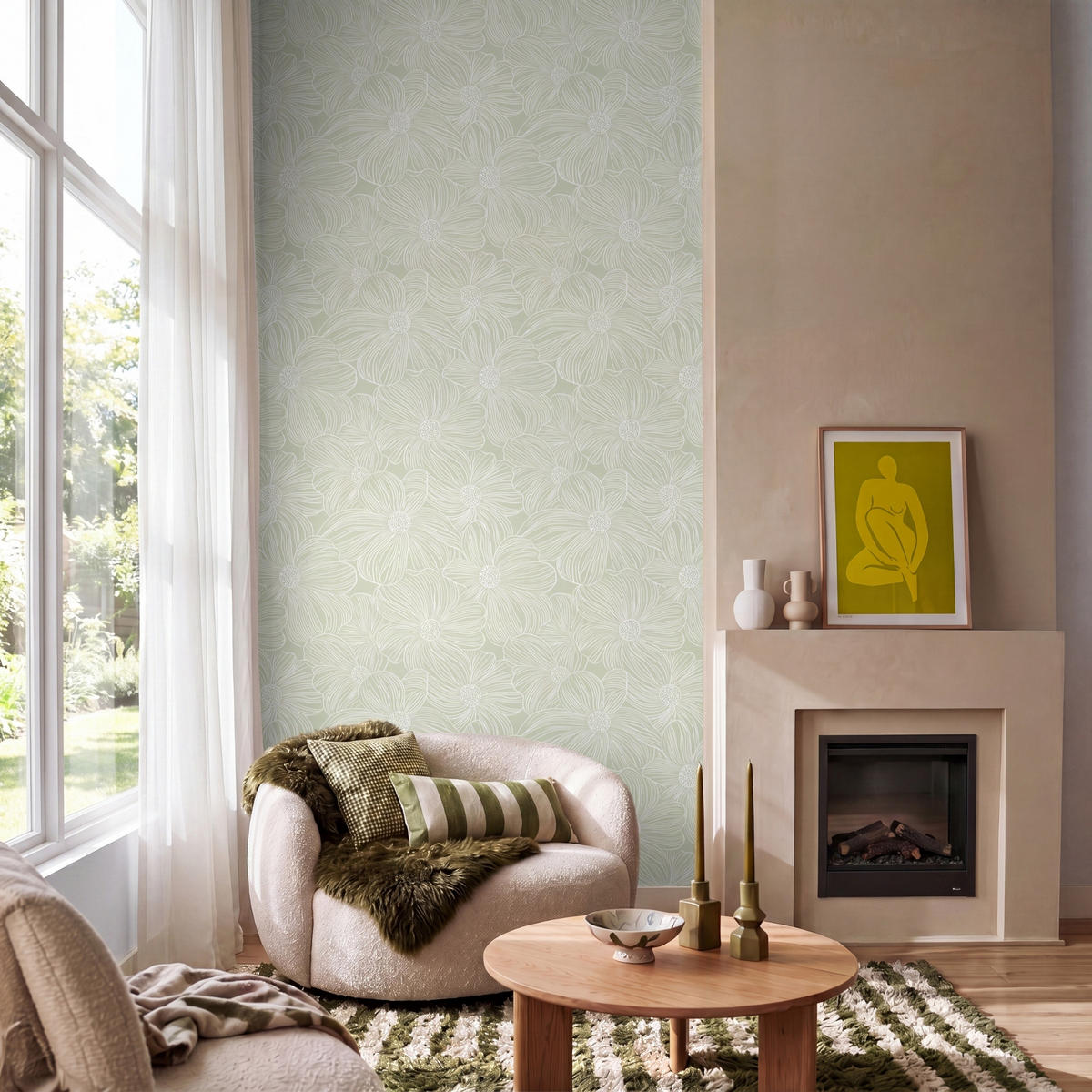 TAPETE - Gelassenheit - Blumen - Grün - 140x280 cm - Salbeigrün, Papier (140/280cm) - OnlyWow