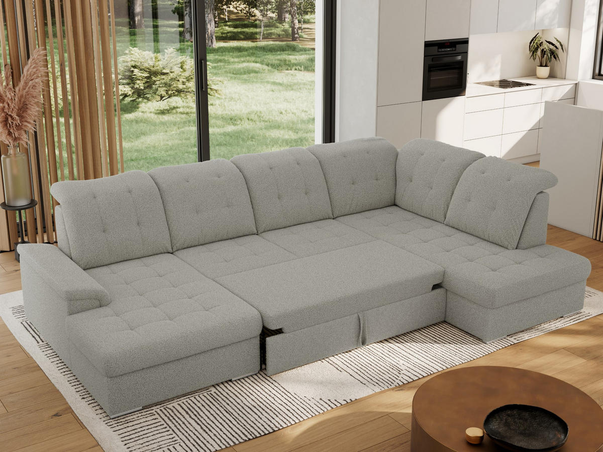 WOHNLANDSCHAFT MADRITO U - Hellgrau Boucle - Rechts - Silberfarben/Hellgrau, Textil/Metall (323/89/204cm) - MKS