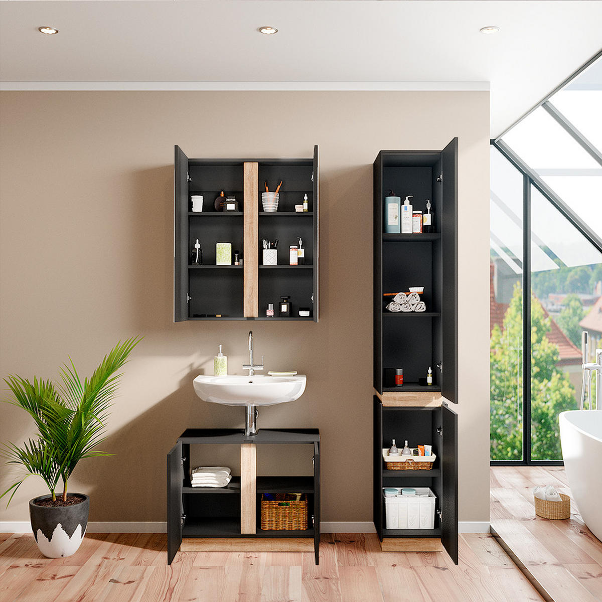 BADMÖBEL-SET Gloria Anthrazit 3 Teile, mit Hochschrank - Anthrazit/Sonoma Eiche, Holzwerkstoff (70/55/34cm) - Vicco