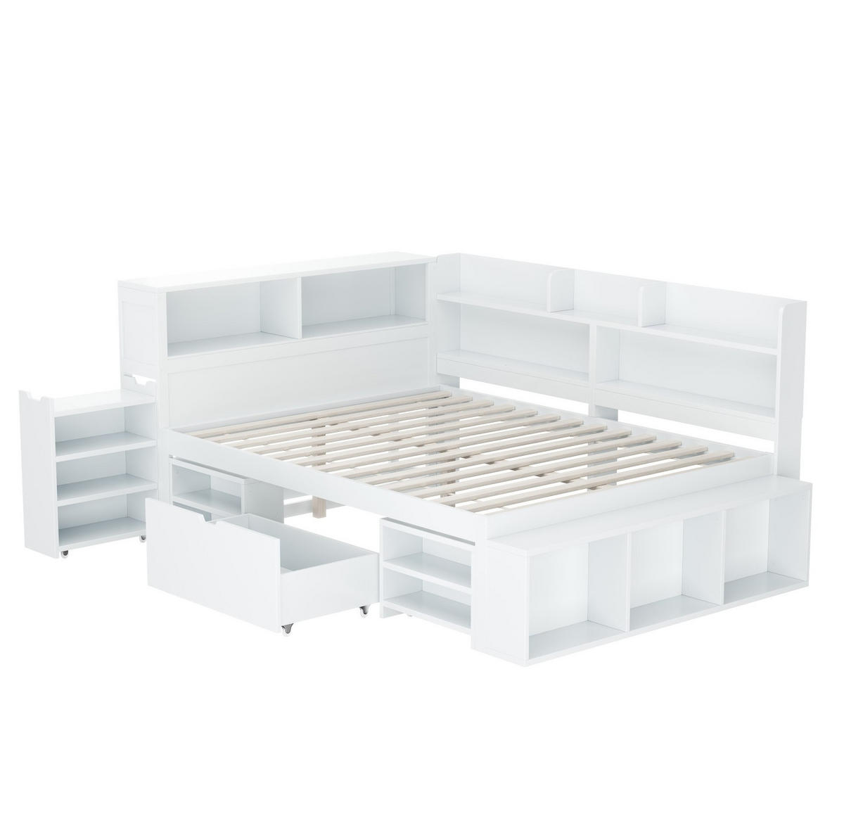 KINDERBETT 140/200 cm mit Lattenrost, Schublade, Bücherregal und Stauraum aus Sperrholz, Weiß - Weiß, Holzwerkstoff (140/200cm) - Redom
