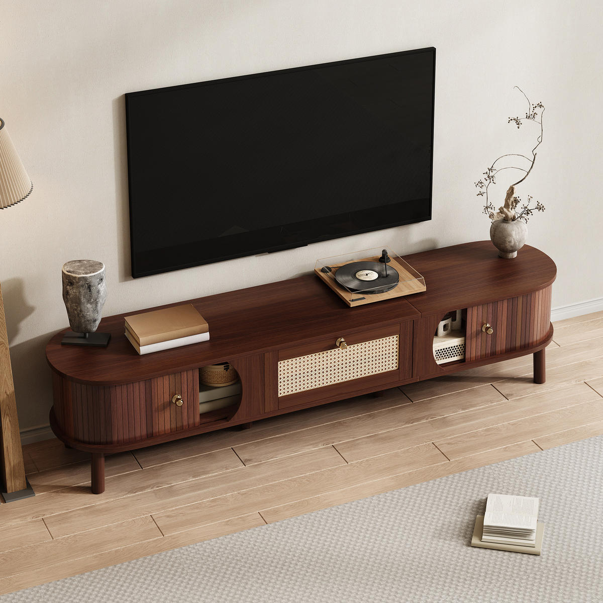 TV-SCHRANK mit Rattan-Schubladen und Türen in Holzoptik 170/39.5/38 cm, Eichefarben - Eichefarben/Goldfarben, Holzwerkstoff (170/38/39.5cm) - Redom