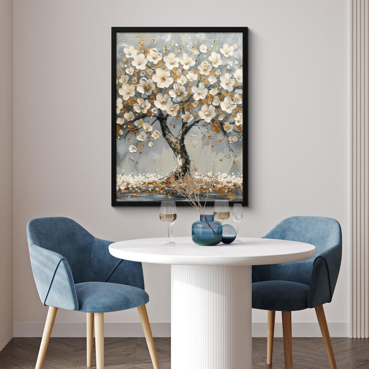 GERAHMTES BILD Baum - Blumen - Weiß - Natur - Kunst 60x80 cm - Weiß, Papier (60/80cm) - MuchoWow
