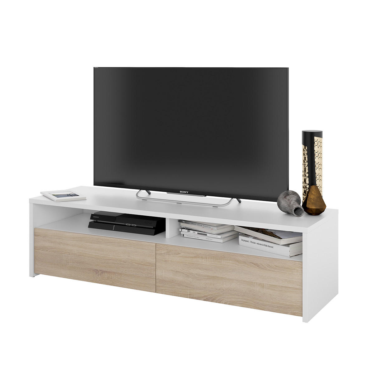 TV-MÖBEL mit 2 Flügeltüren und 2 Aufbewahrungsnischen Kioto - L130 cm - Weiß, Holzwerkstoff (42/36/130cm) - Calicosy