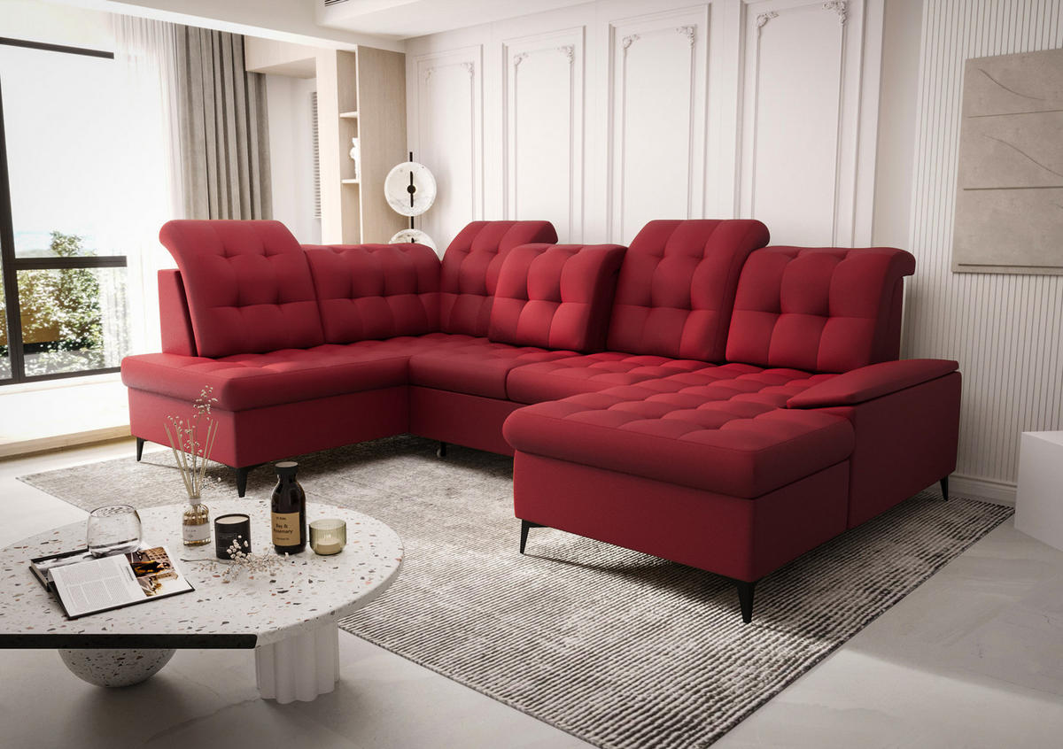 WOHNLANDSCHAFT KONGO RBN17, Eckcouch in U-Form mit Schlaffunktion, Farbe: Rot, Kunstleder, Ottomane Rechts - Rot, Textil (343/107/210cm) - O-Sofa
