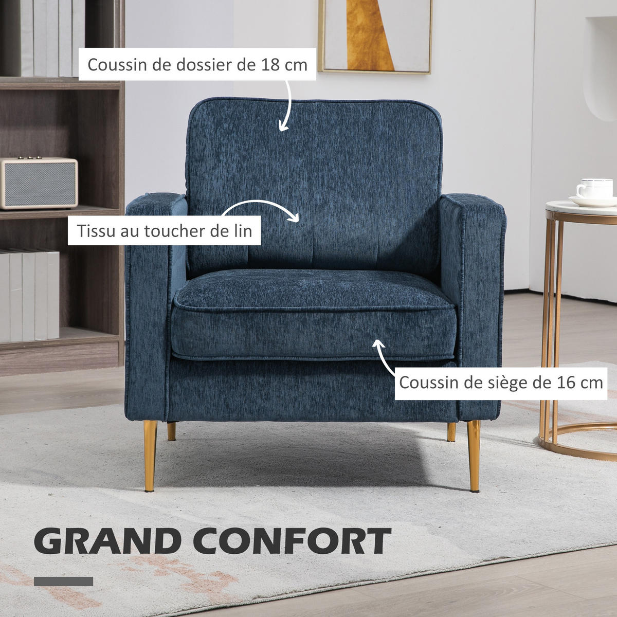 SESSEL DE-13399 mit goldenen Stahlfüßen & Seitentaschen Blau - Blau, Textil (84/87/81cm) - ComfortXL