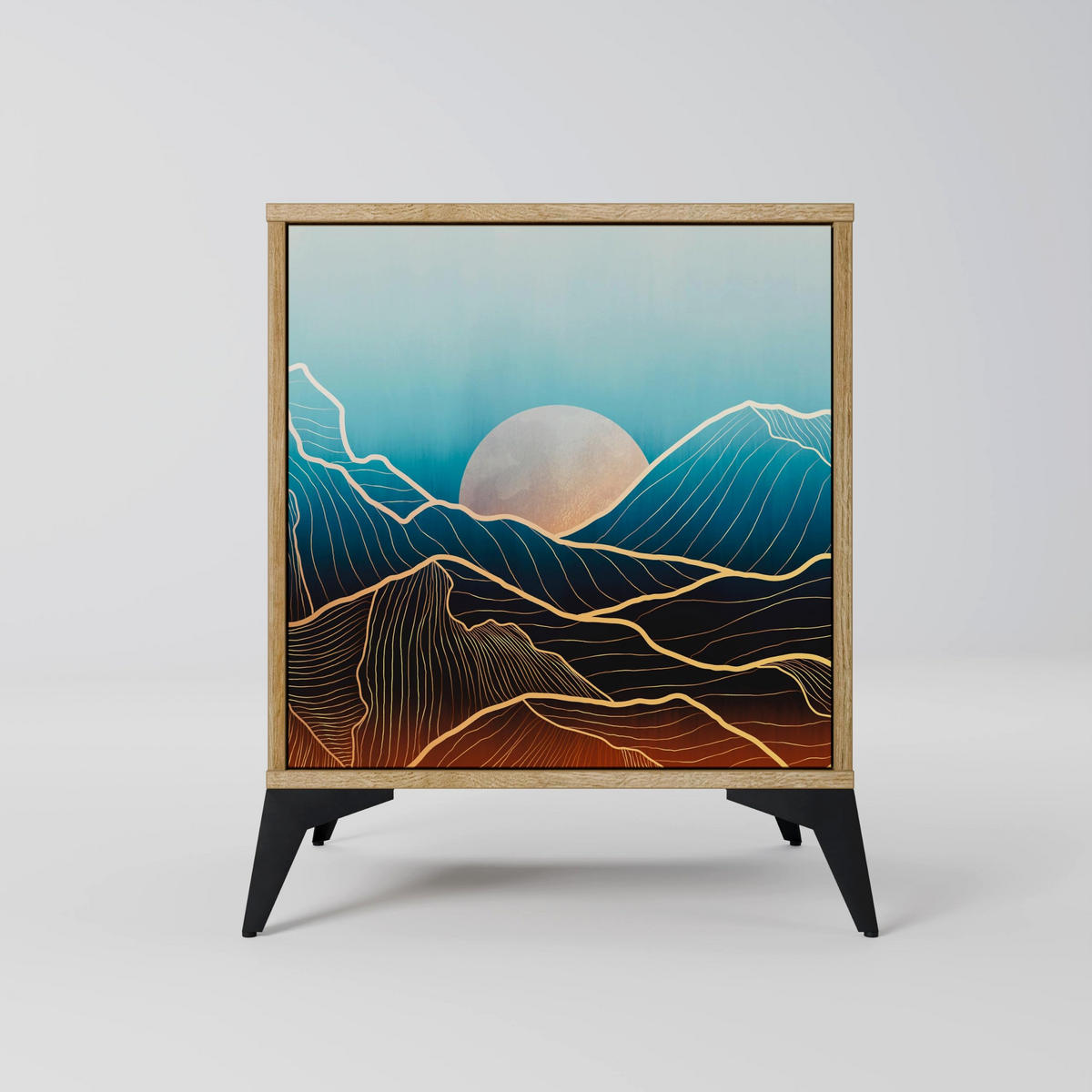 SIDEBOARD LUNAR SECRETS, Eichefarben, 57,5x42x72,5 cm, Schwarze Metallfüße - Eichefarben/Multicolor, Holzwerkstoff/Metall (57.5/72.5/42cm) - SpaceRebels