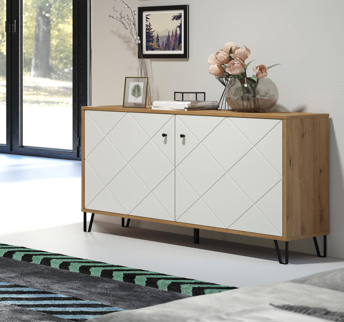 KOMMODE weiß matt mit Rautenoptik, Eiche Artisan 123 cm, Sideboard mit Soft-Close - Eichefarben/Schwarz, Holzwerkstoff/Kunststoff (123/76/40cm) - Top.Furn