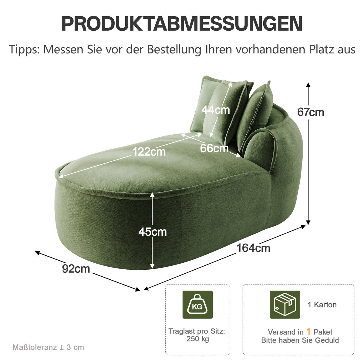 RÉCAMIERE rechte Chaiselongue mit Kissen, DE-42643, Grün - Grün, Textil (164/67/92cm) - ComfortXL