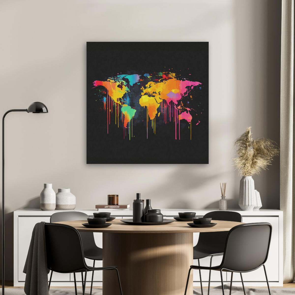AKUSTIKBILD Weltkarte - Farbe - Bunt - Graffiti - Welt Akustikpaneele 80x80 cm - Multicolor, Kunststoff (80/80/0.9cm) - MuchoWow