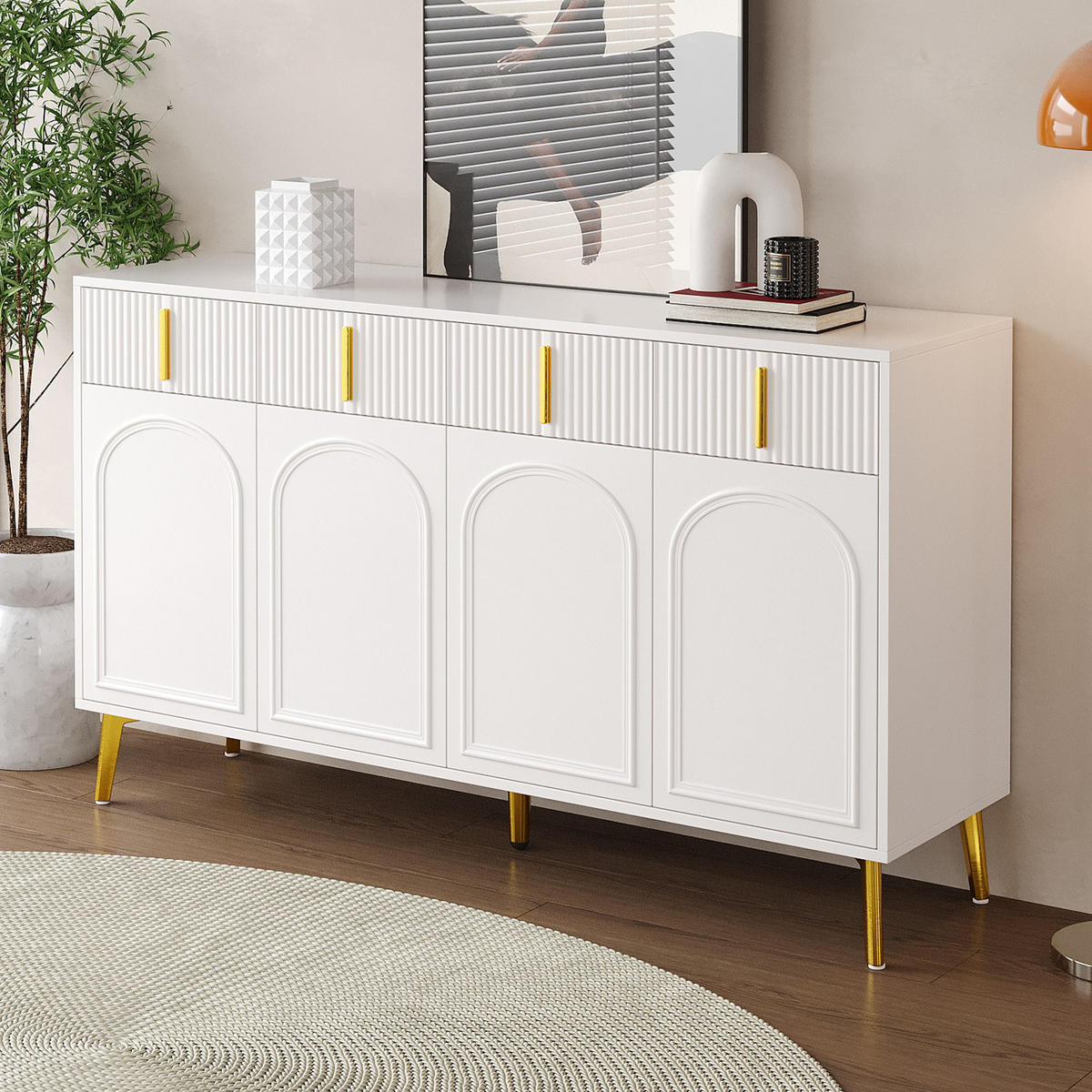 SIDEBOARD 140/38/82 cm Weiß aus MDF mit 4 Türen und 4 Schubladen - Weiß, Holzwerkstoff (140/82/38cm) - OKWISH