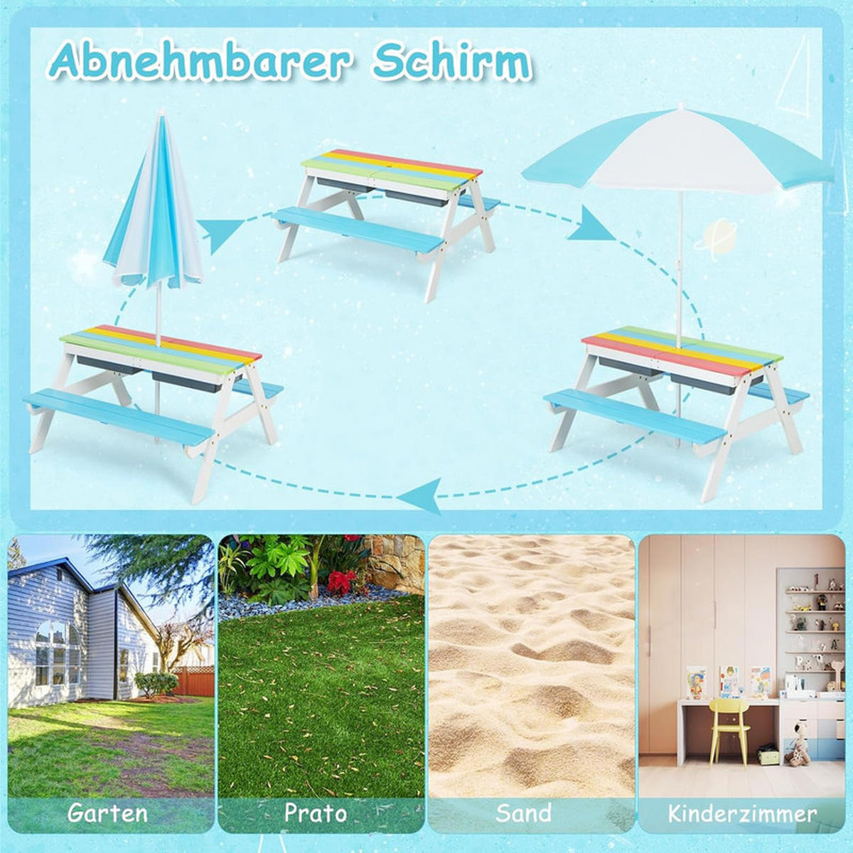 KINDERTISCH mit Sonnenschirm blau - Blau, Holz - COSTWAY