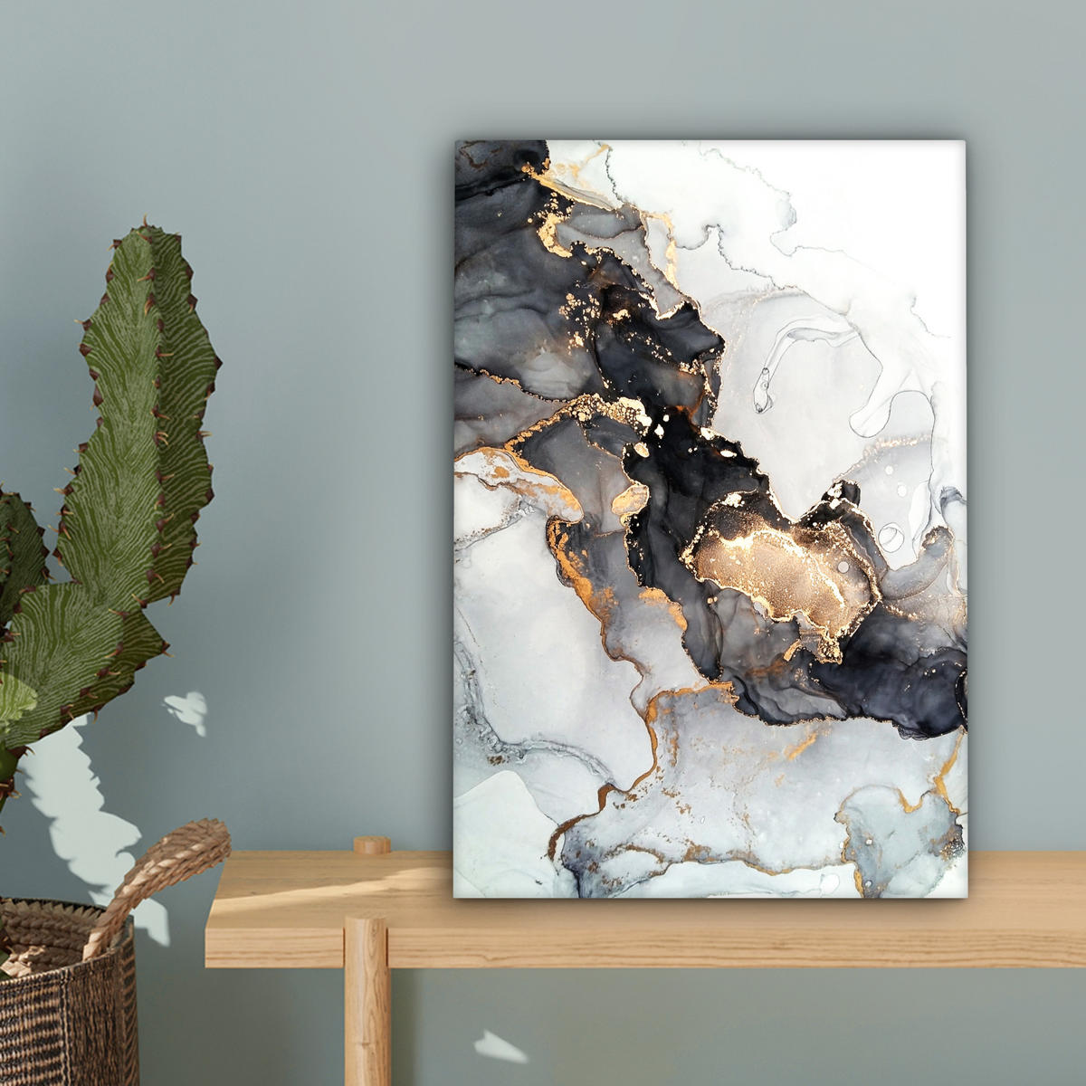 LEINWANDBILD Marmor - Schwarz - Weiß - Gold - Luxus - Abstrakt Deko Wohnzimmer 20x30 cm - Goldfarben, Textil (20/30cm) - MuchoWow