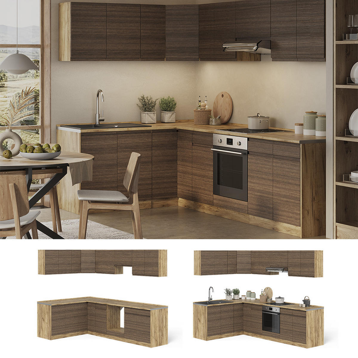 ECKKÜCHE R-Line, Tabak-Walnuss/Goldkraft Eiche, 267 x 167 cm - Eichefarben/Walnussfarben, Holzwerkstoff (267/81.6/60cm) - Vicco