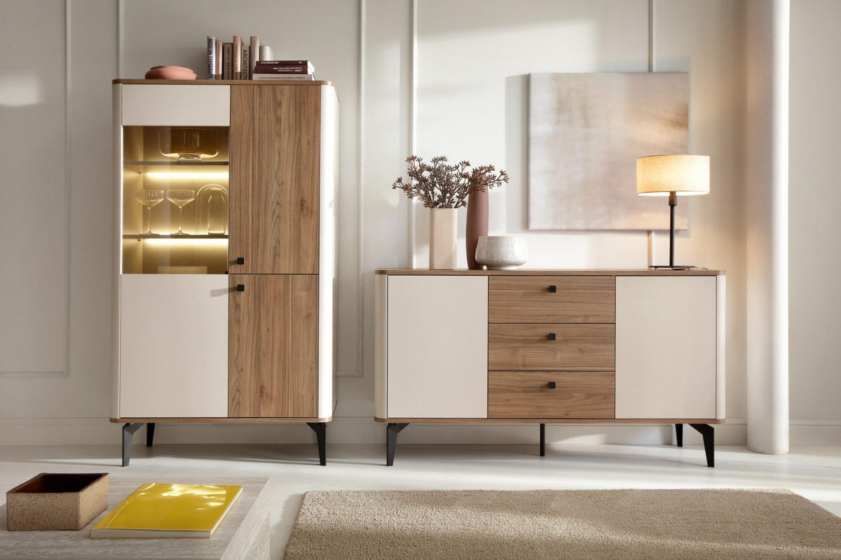 VITRINE AURO 02 73/190/40 cm in Kaschmir / Royal Nussbaum mit LED - Kaschmir/Nussbaumfarben, Holzwerkstoff (73/190/40cm) - Deine Möbel 24